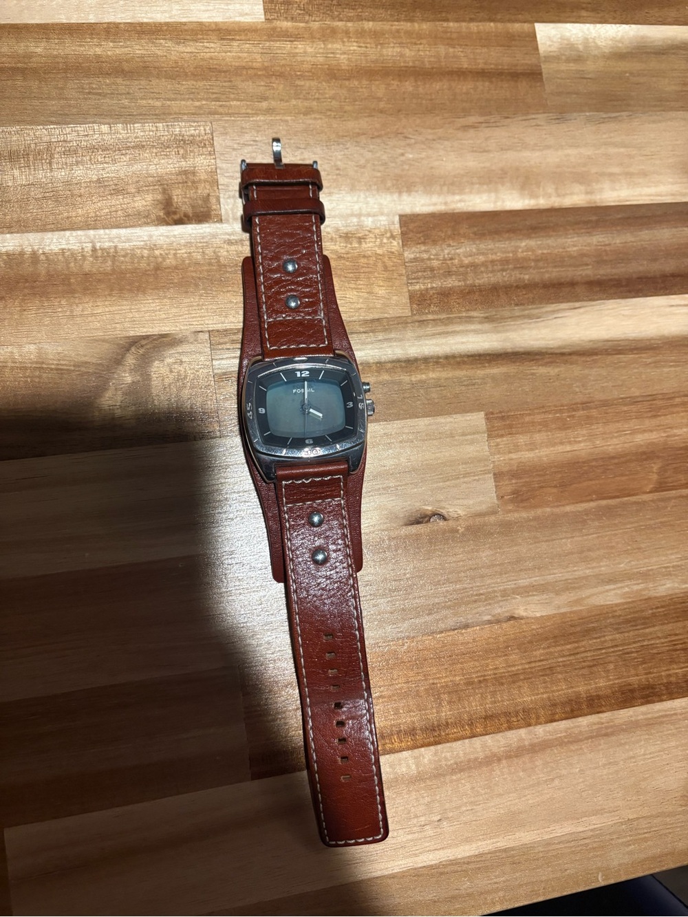 Fossil Men's Tan-Brown Leather Strap Watch with Square Silver Case